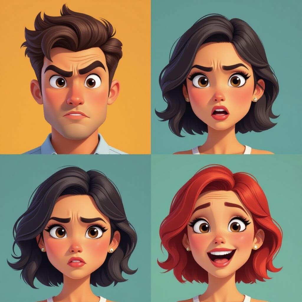 Four Emotional Faces: Joy, Anger, Sorrow, and Happiness in 3...