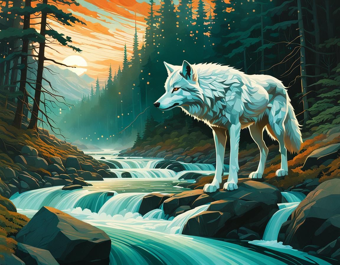 Ethereal White Spirit Wolf in British Columbia Forest