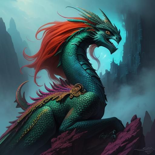 Dragon Woman with Peacock Lashes: Digital Art