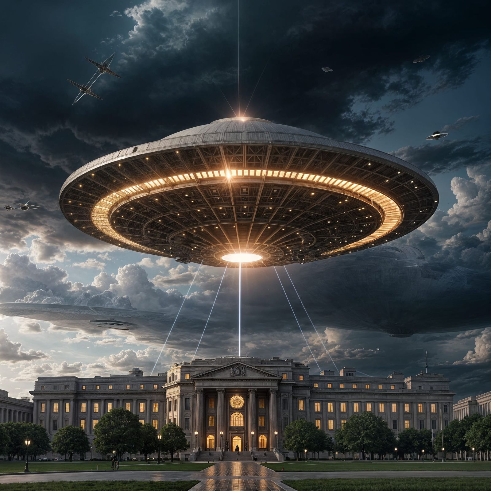Realistic UFO Above the Pentagon in Cinematic Lighting