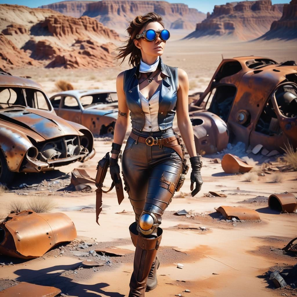 Steampunk Woman in Desert Car Wreck: Hyperrealistic Photo