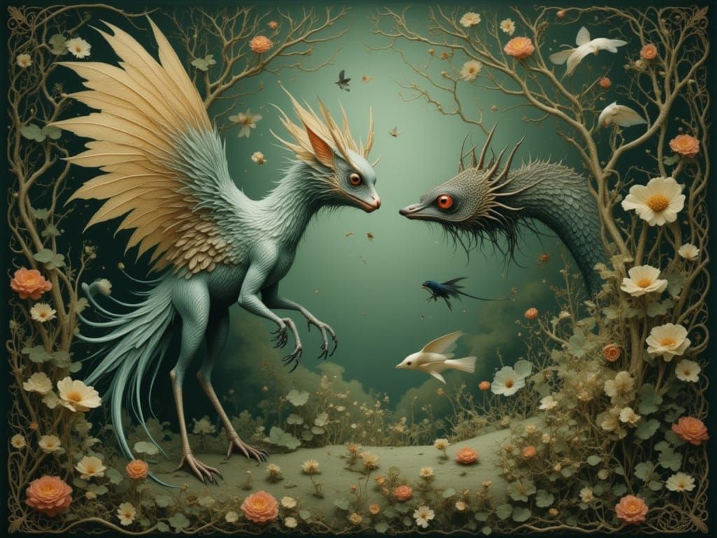 Snallygaster and Jabberwocky in Dreamlike Forest
