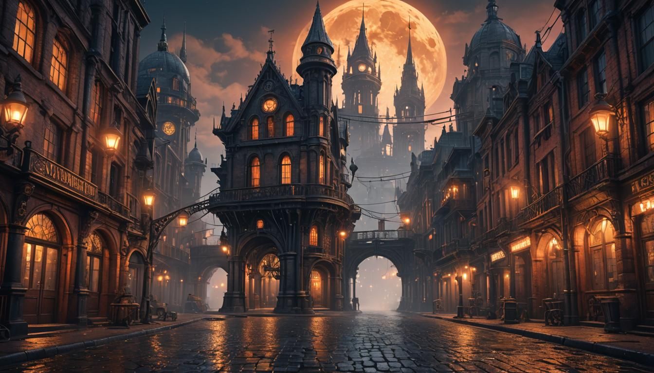 Gothic Steampunk Street View at Dusk