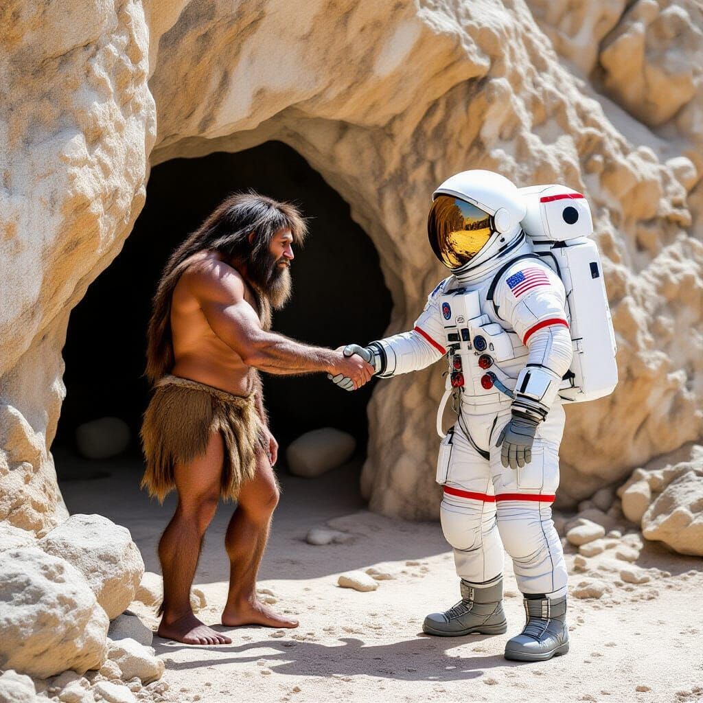 Astronaut Meets Neanderthal Man Outside Cave