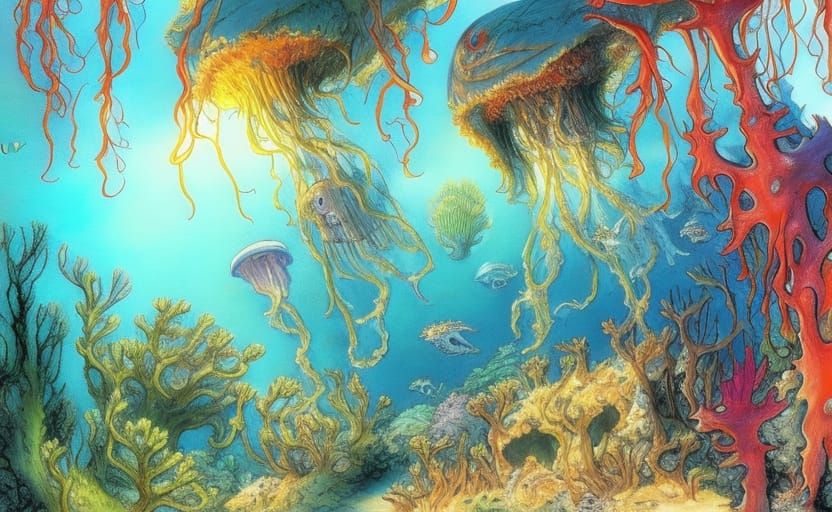 Jellyfish Dance Among Coral Reef: Illustrated Fantasy