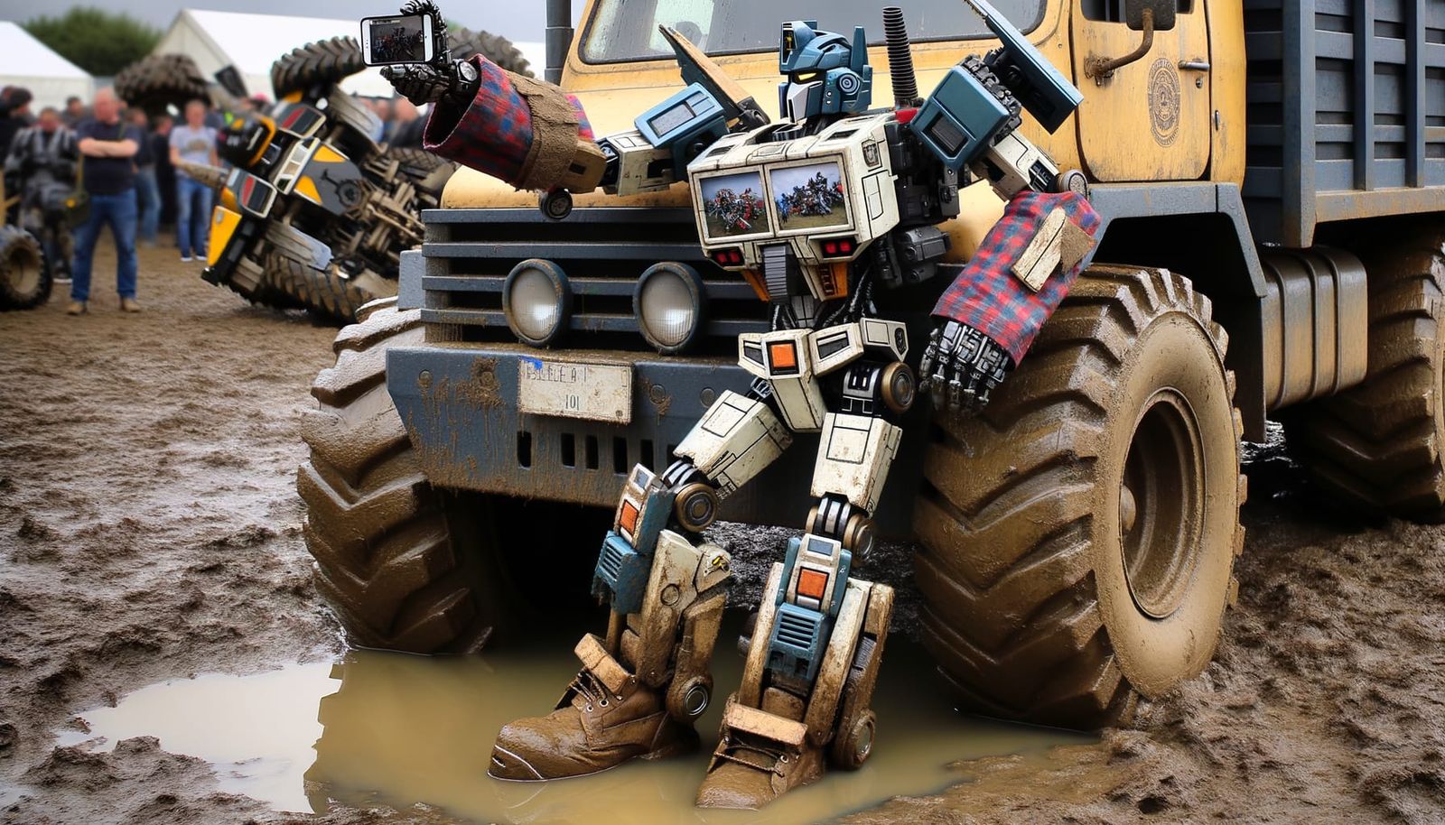 Mechanical Humanoid Robot in Plaid Shirt with Camera