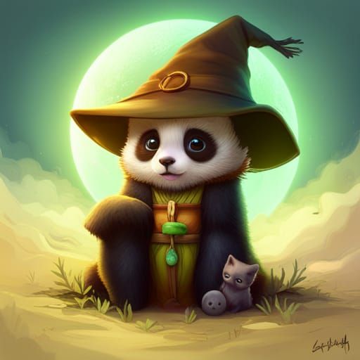 Cute Panda in Witch Hat Holding Kitten, Digital Art