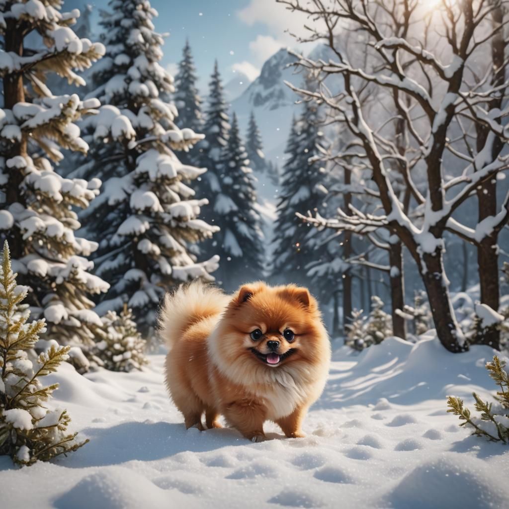 Happy Pomeranian Puppy in Winter Snowscape