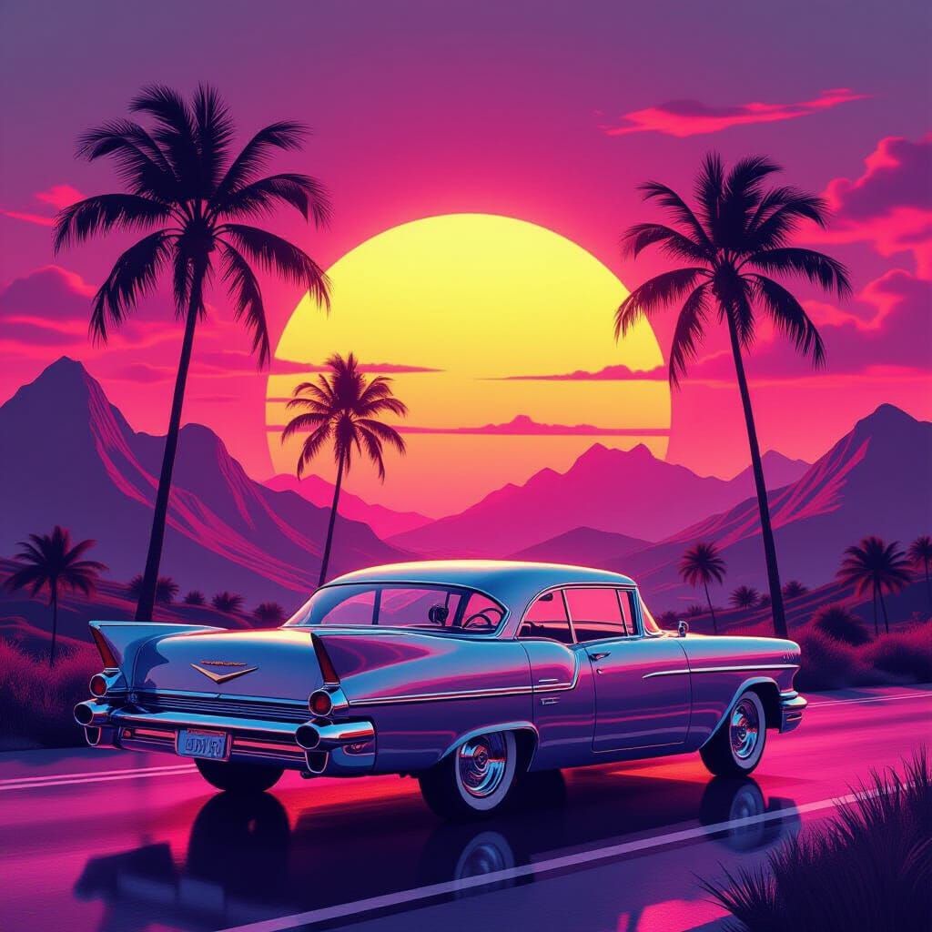 Retro-Futuristic Sunset Landscape with Chrome Car