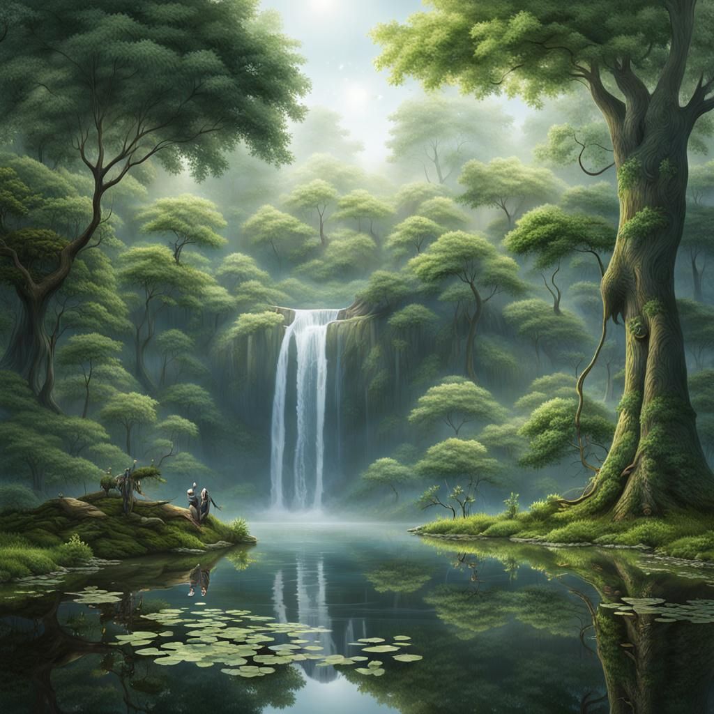 Serene Forest Pond with Waterfall, Digital Illustration
