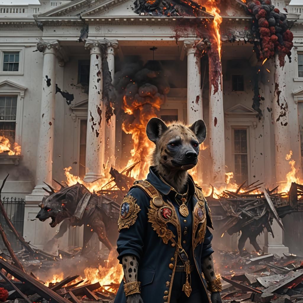 Humanoid Hyena President Amidst White House Ruins