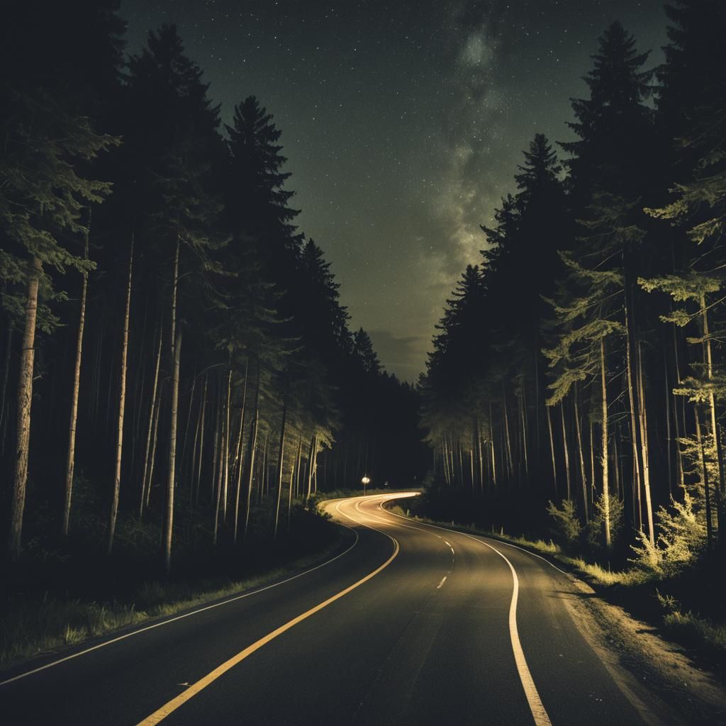 Driving on Curvy Forest Road at Night