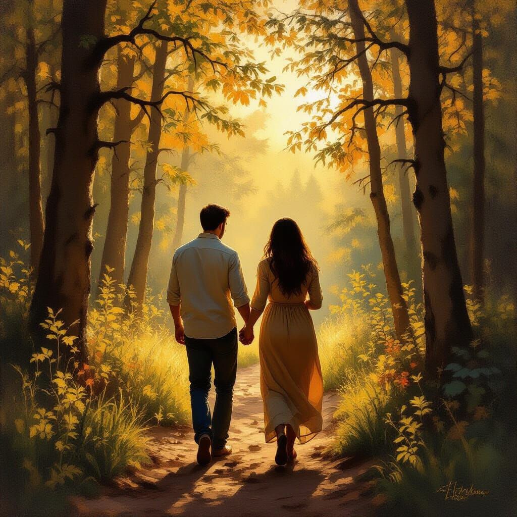 Couple in Sun-Dappled Forest, Golden Hour Light