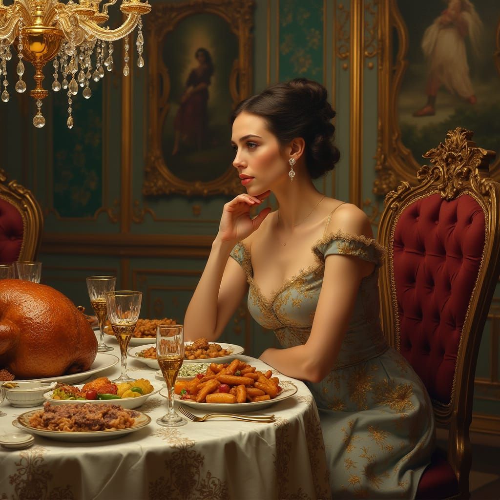 thanksgiving dinner, formal dining room, table full of food,...