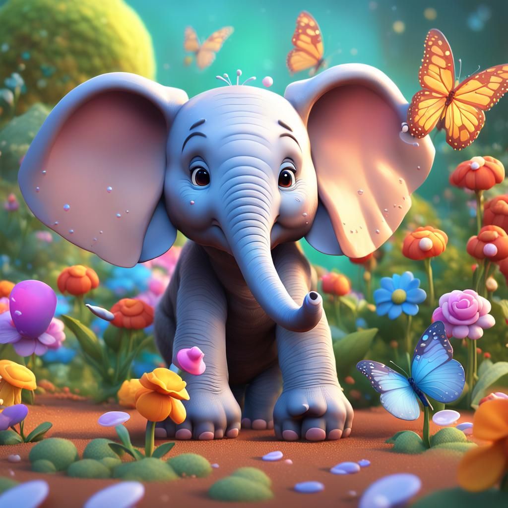 Baby Elephant Waters Flowers in Sunny Garden, 3D Render