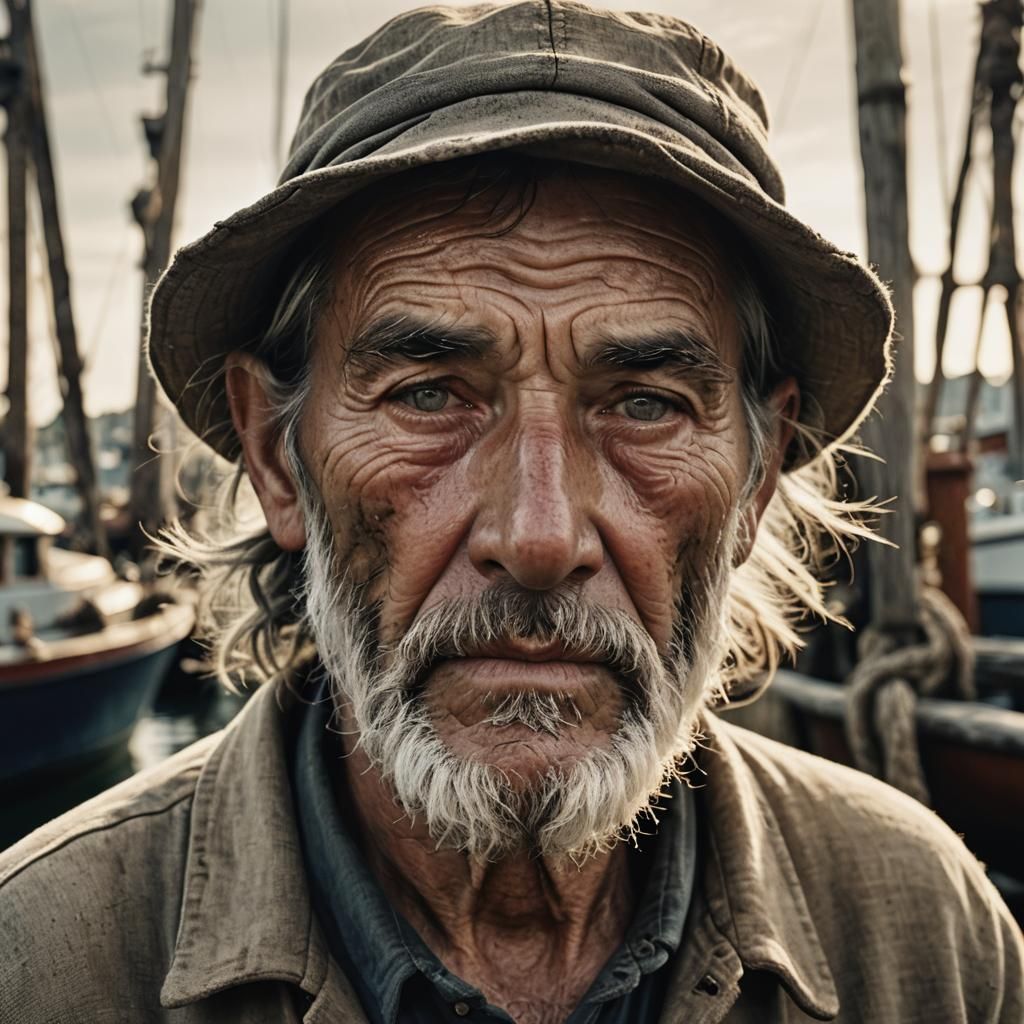 Seasoned fisherman portrait, weathered skin like the mapping...