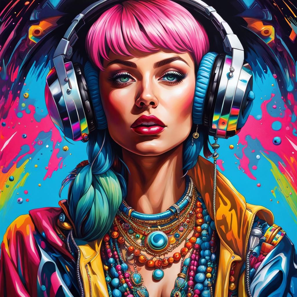 Hyperrealistic Woman DJing at Futuristic Graffiti Bar