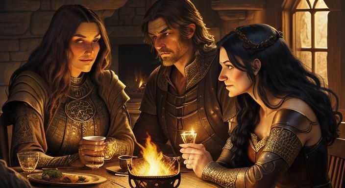 Adventurers Gather in Tavern: Pen Line Drawing