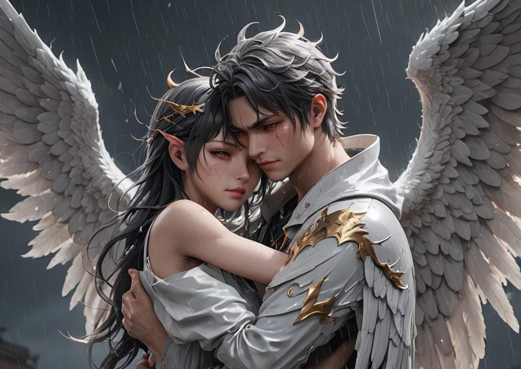 Angel and Demon Embrace in Storm, Anime Style