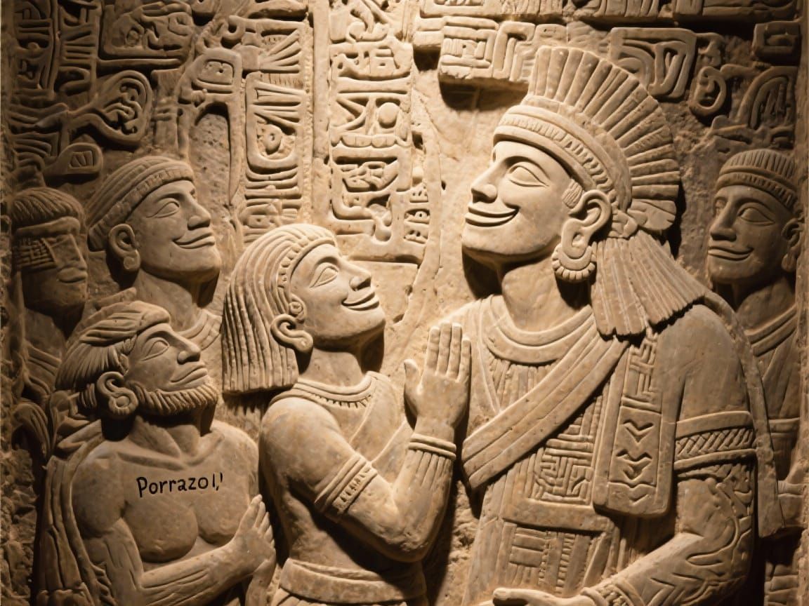 Mayan Relief Carving of Smiling Tribal Group