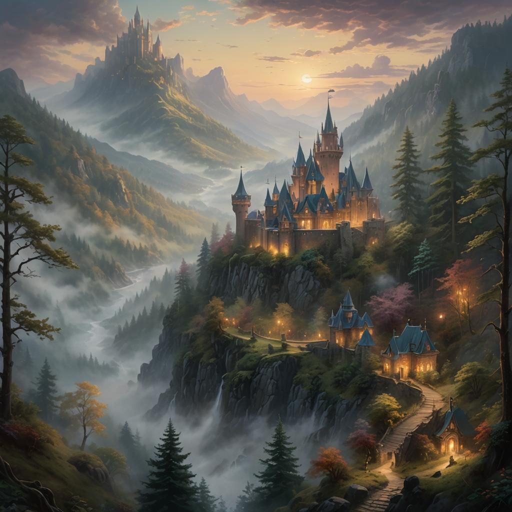 Misty Forest Castle in Ethereal Matte Painting Style