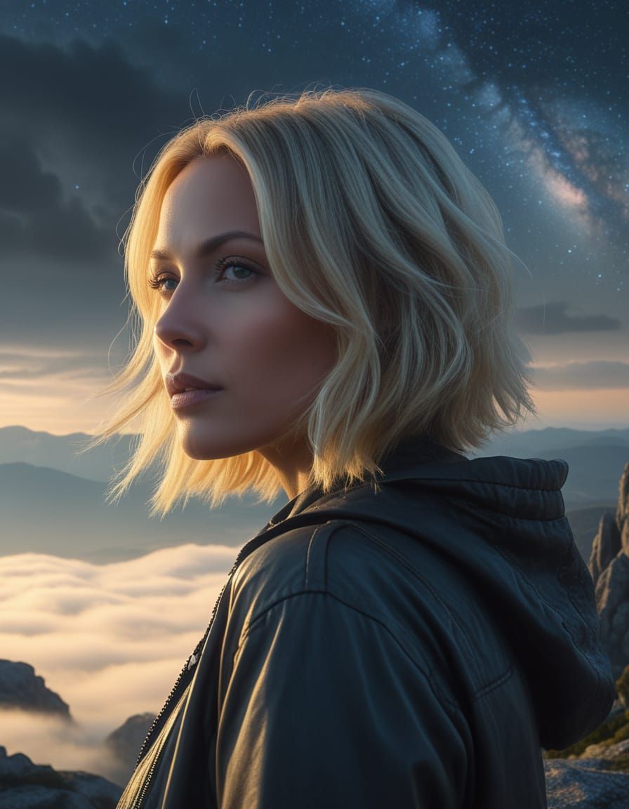 Surreal Mountain Vista: Woman Gazes at Starry Sky