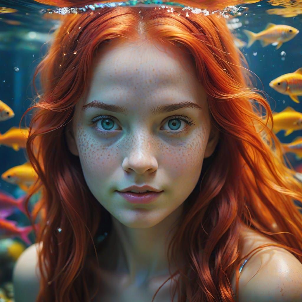 Sultry Mermaid with Vibrant Red Tresses Amidst Vibrant Fish