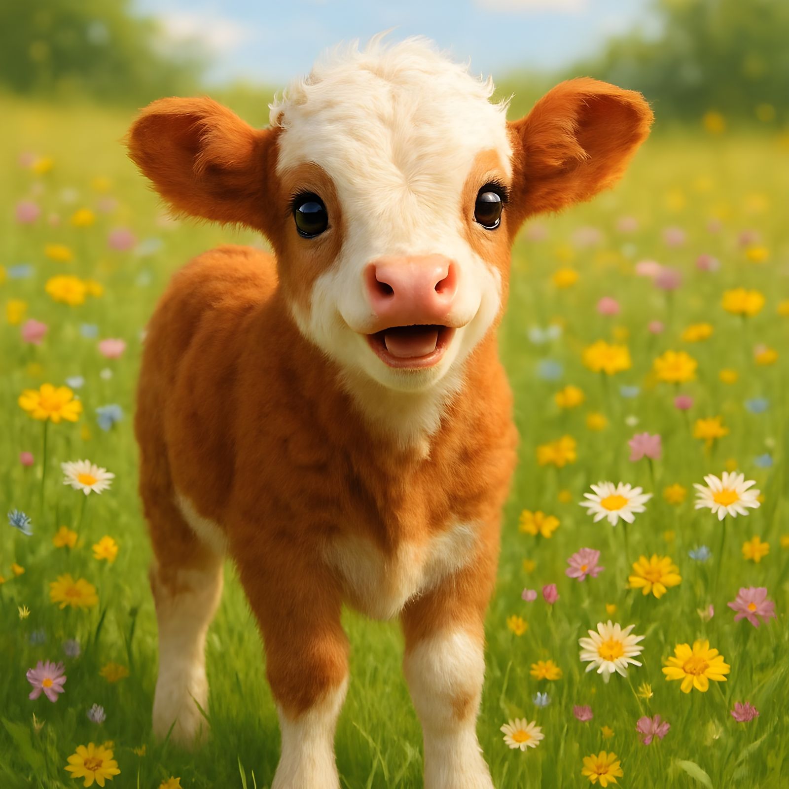 Happy Cow in Field of Flowers