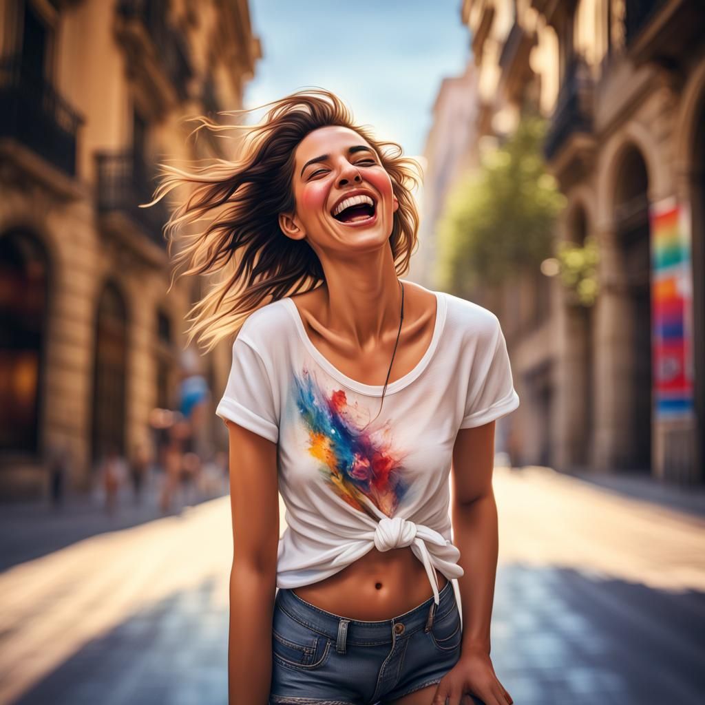 Laughing Woman in Barcelona, Hyperrealistic Splash Art