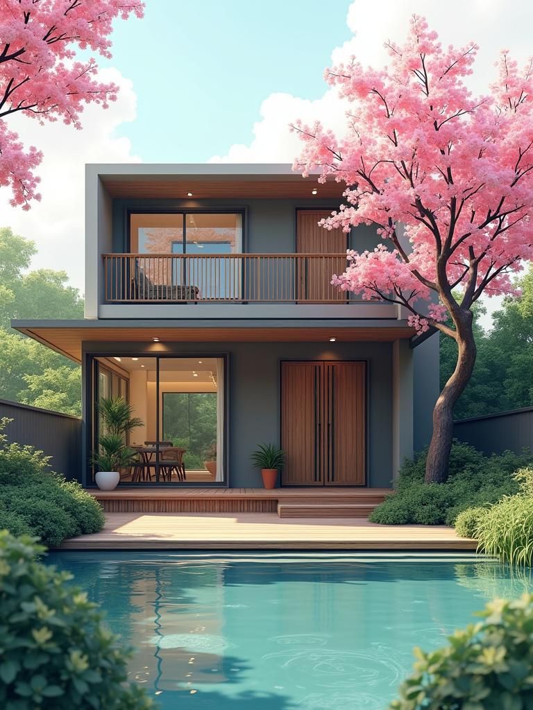 Harmonious Tiny House Over Pond in Anime Style
