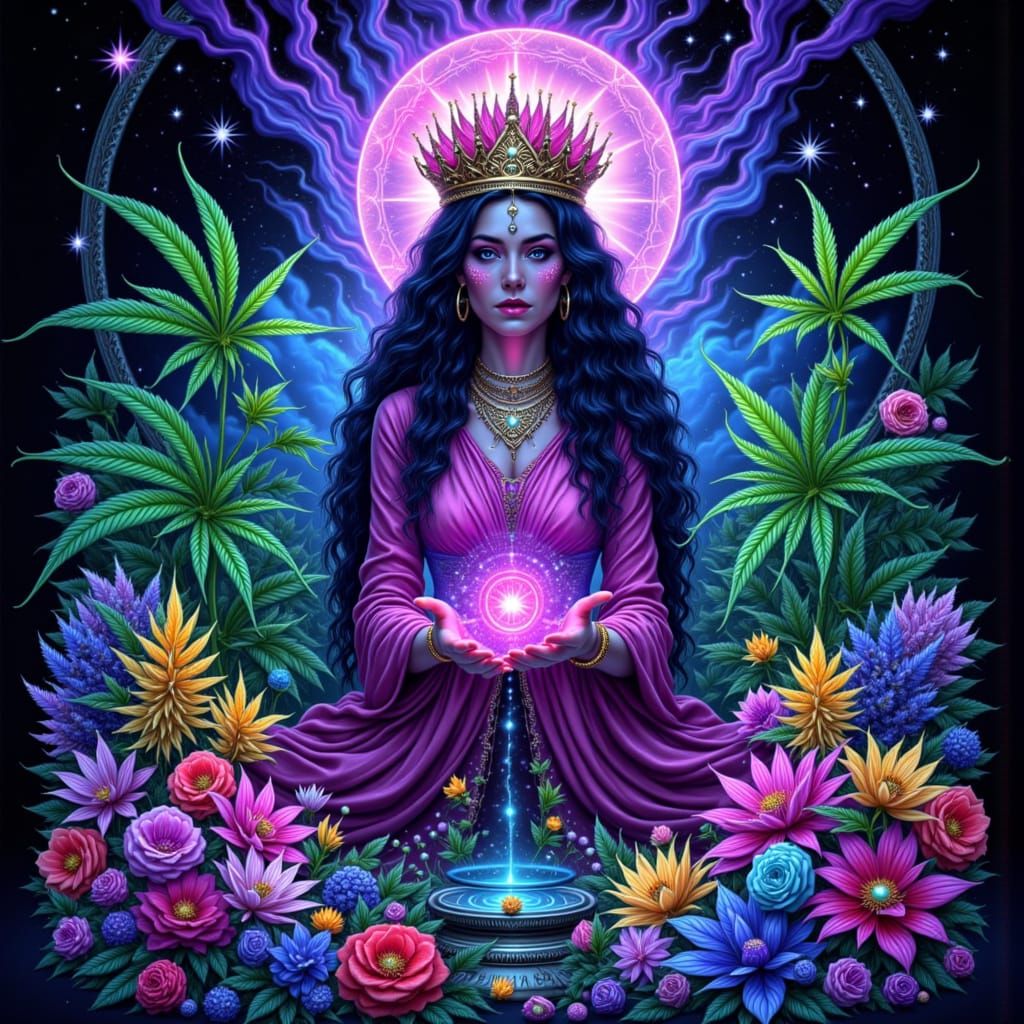 Neon Empress Cannabis Tarot Card in Digital Art Style