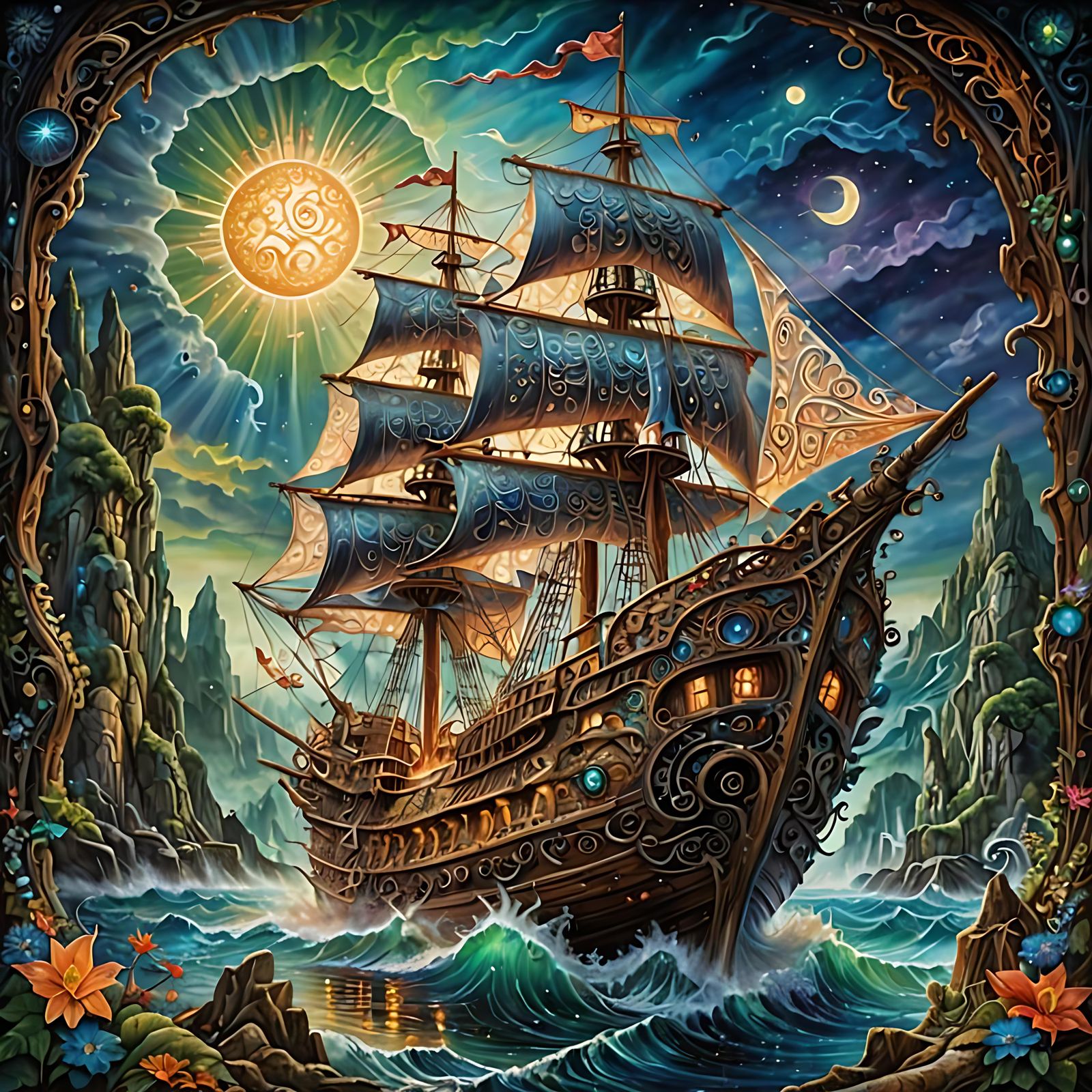 Magical Ship Carved with Eldritch Patterns