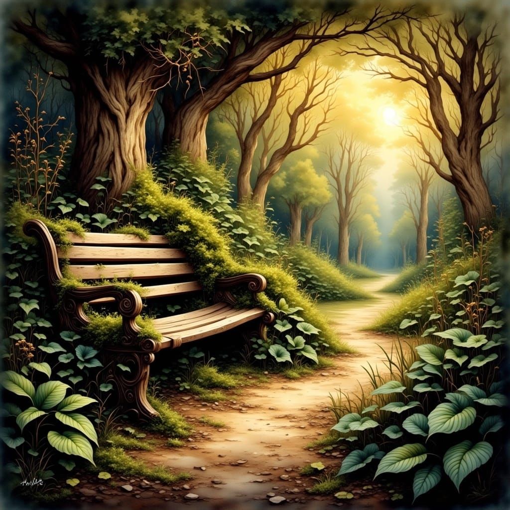 Mystical Park Bench, Overgrown with Vines in Golden Light