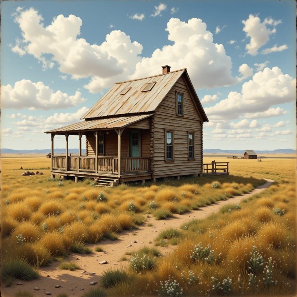 Antique Frontier Cowgirl Home in Matte Painting Style