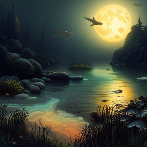Glowing Fish in Dark Water: Digital Matte Painting