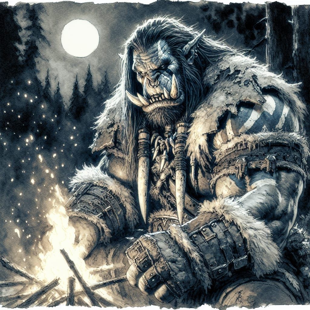 Orc Barbarian Warrior in Watercolor Painting