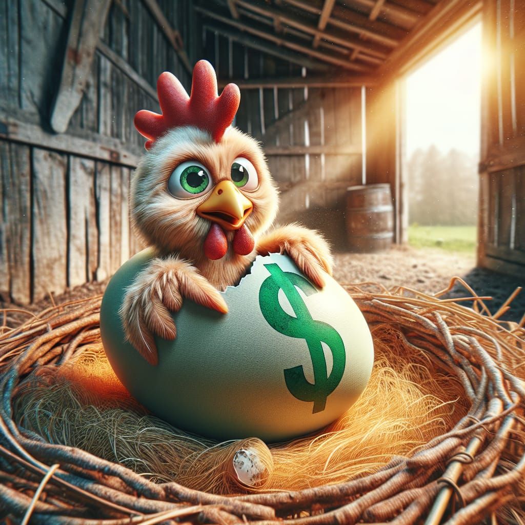 Whimsical Chicken Lays Dollar Egg in Rustic Nest