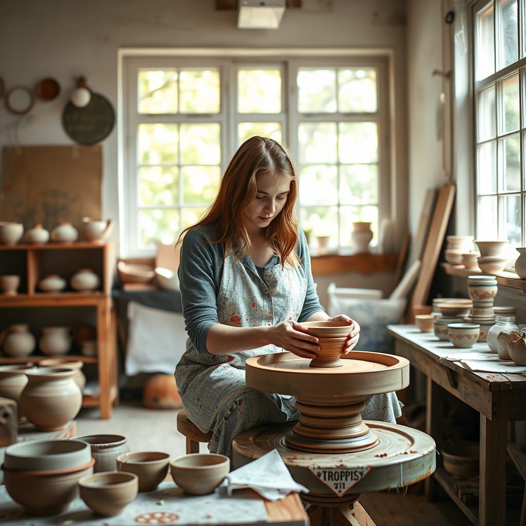 Impressionist Potter at Work in Sunlit Studio