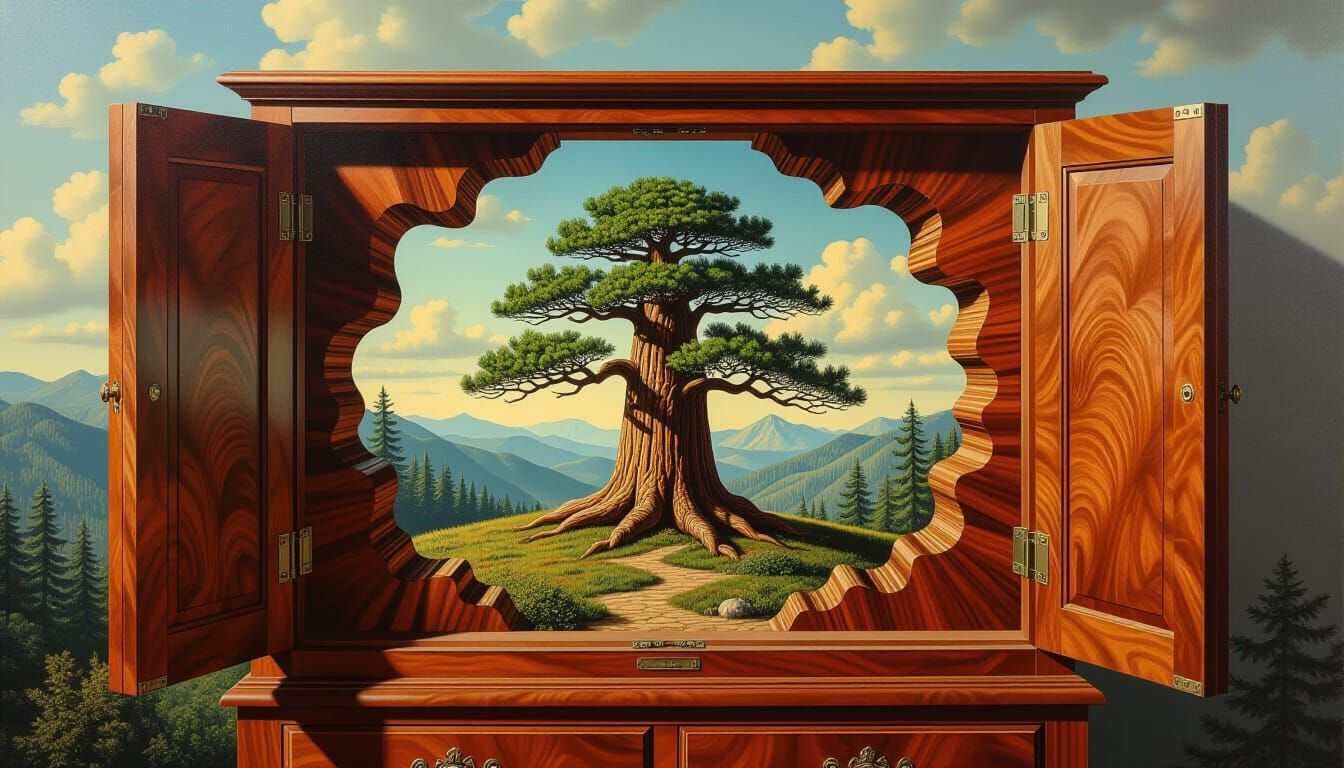 Surreal Redwood Tree Inside Burl Wood Cabinet