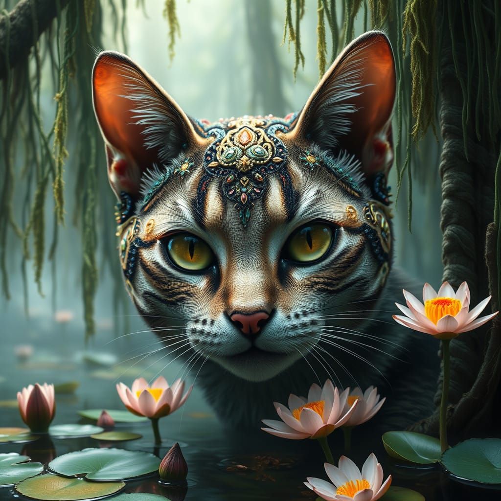 Whimsical Swamp Cat Portrait in Hyper-Realistic Style