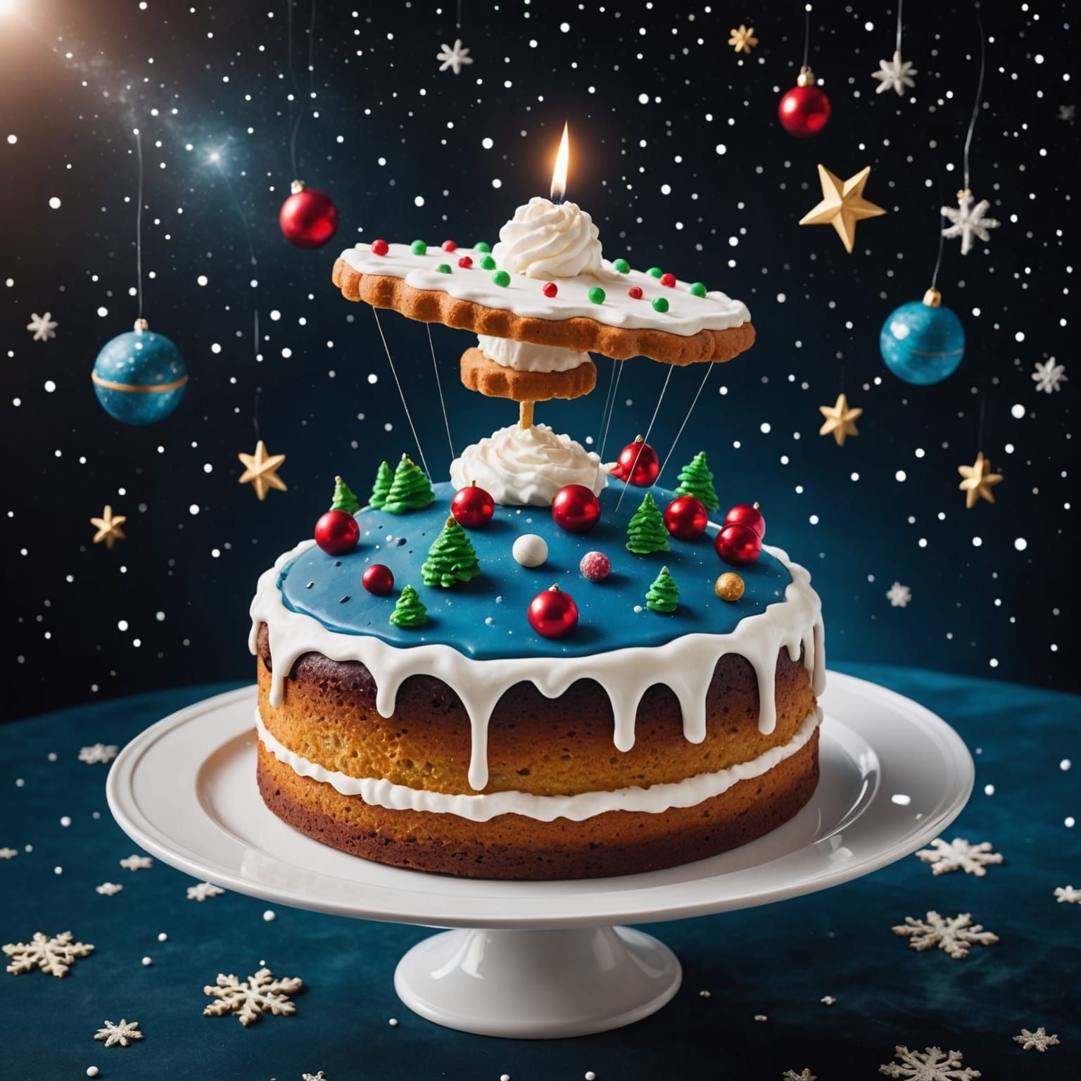 Christmas Cake Flies Through Outer Space