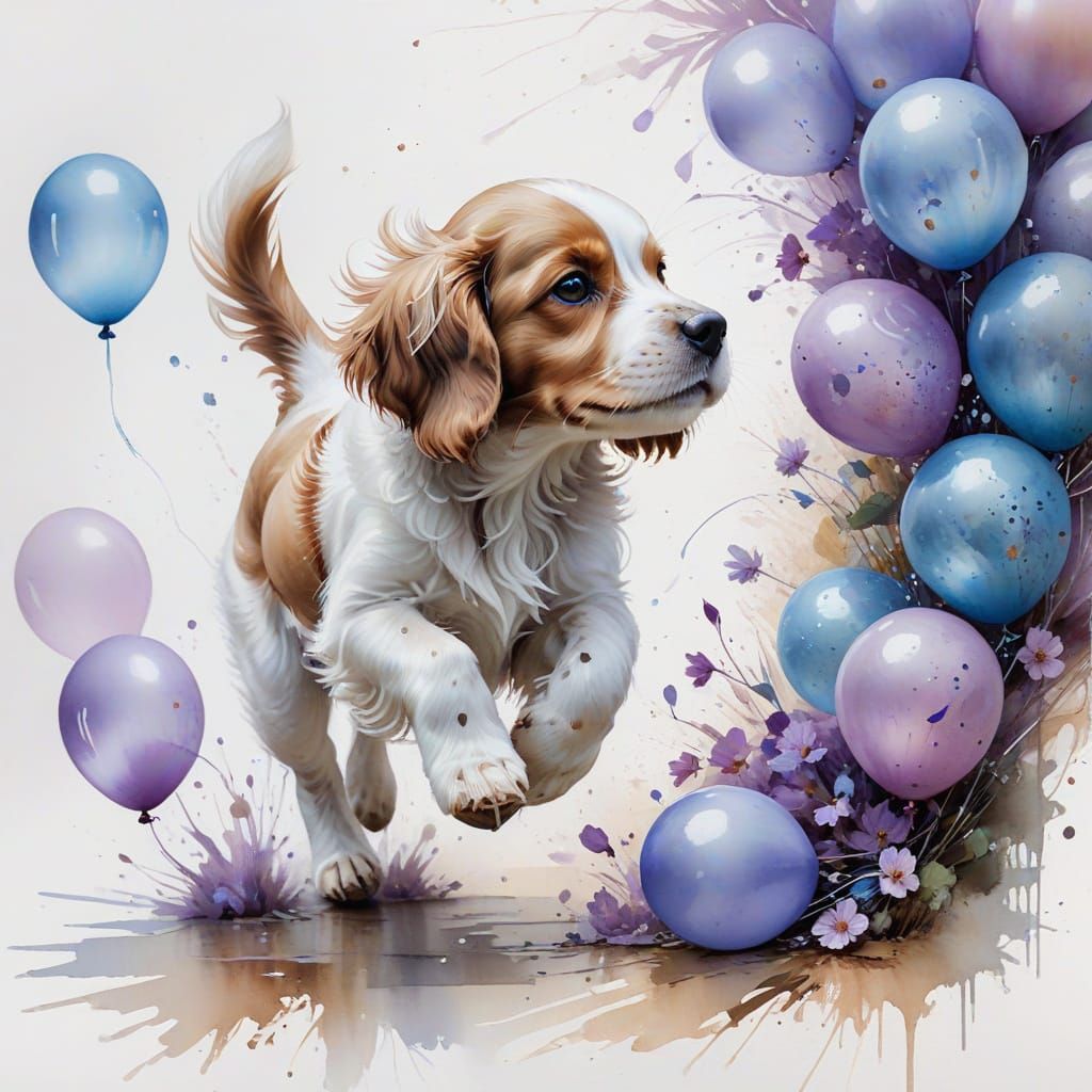 Spaniel Puppy Chasing Iridescent Balloons: Art Nouveau Paint...