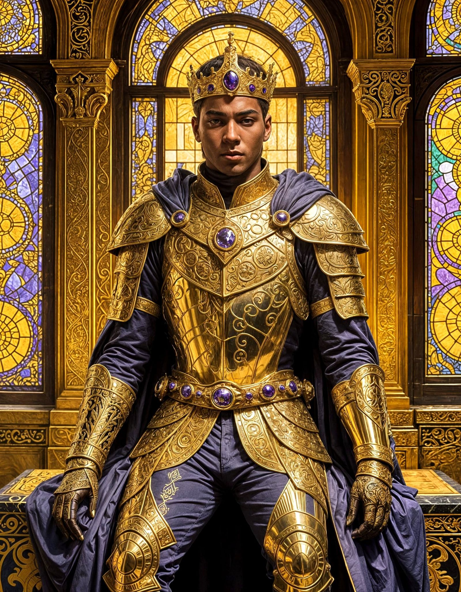 Young King in Golden Armour Standing Before Throne