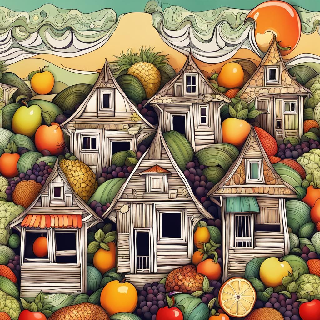 Fruit Houses on Beach with Abstract Fractal Design