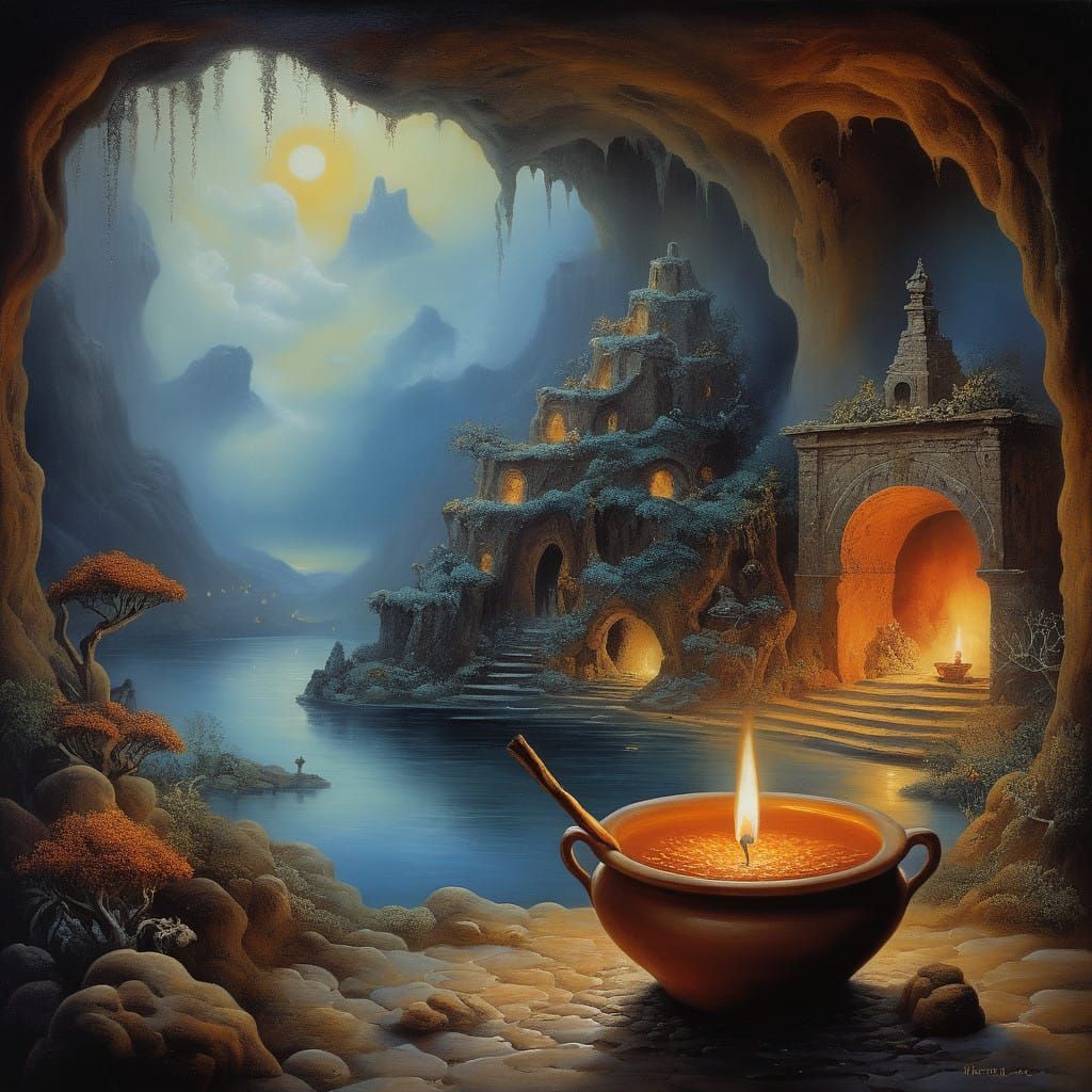 A ceremonial cave lit by the flicker of wax candles.