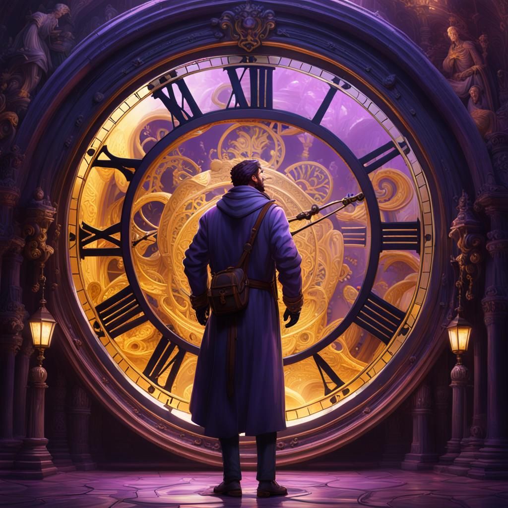 Time Traveler in Magic Clock, Dark Fantasy Art
