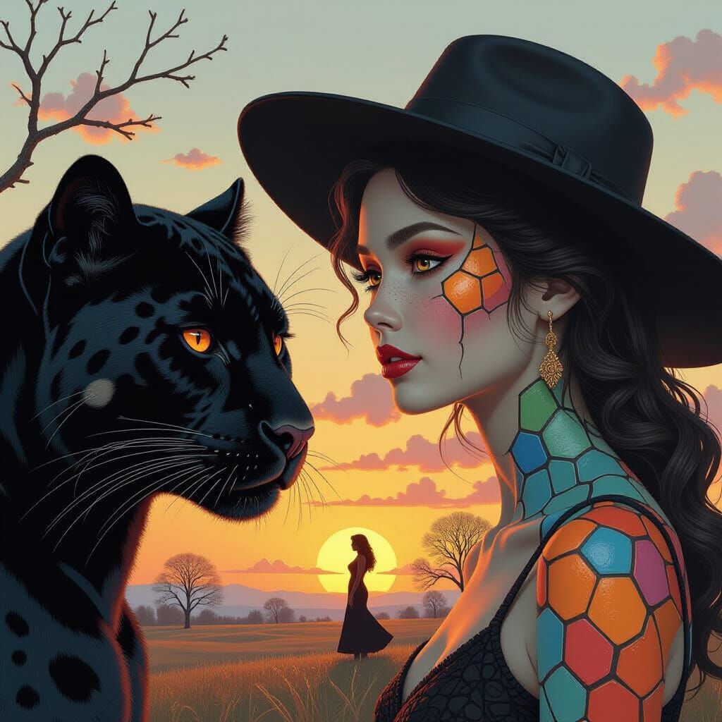 A surreal illustration with a large vibrant jet black panthe...