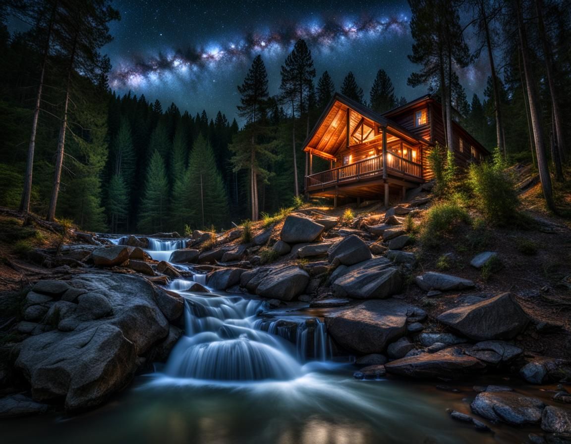 Night Sky Cabin in Deep Woods: HDR Photography
