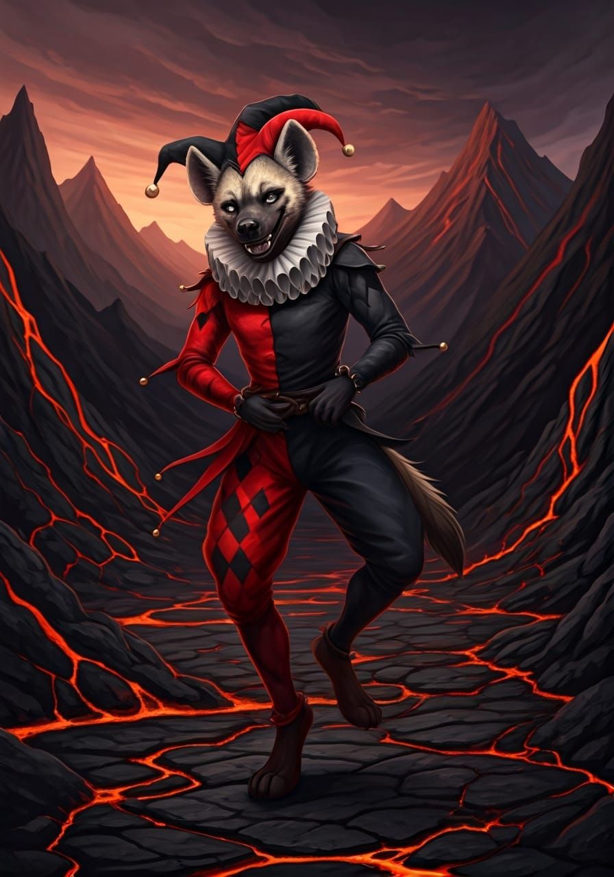 Jester Hyena Creature Dancing in Lava Landscape