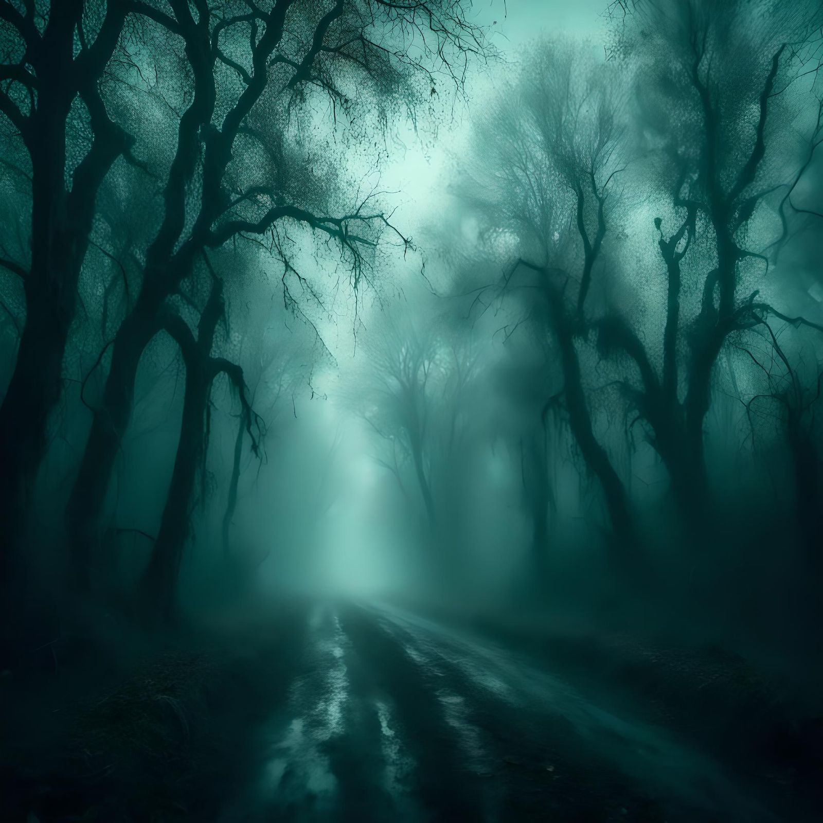Mysterious Country Road Shrouded in Ominous Fog